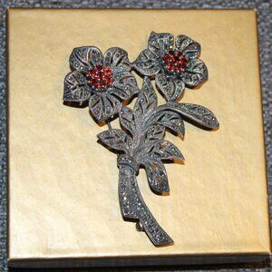 Vintage Sterling Silver Marcasite Double Flower Brooch Red Rhinestone Center
